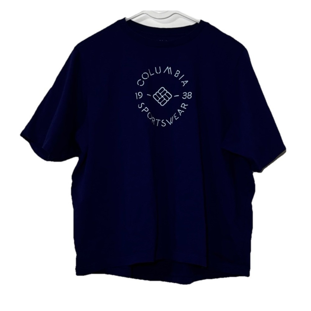 Columbia Sportswear Shirt Womens Large Blue Graphic Tee Short Sleeve Logo L Boxy